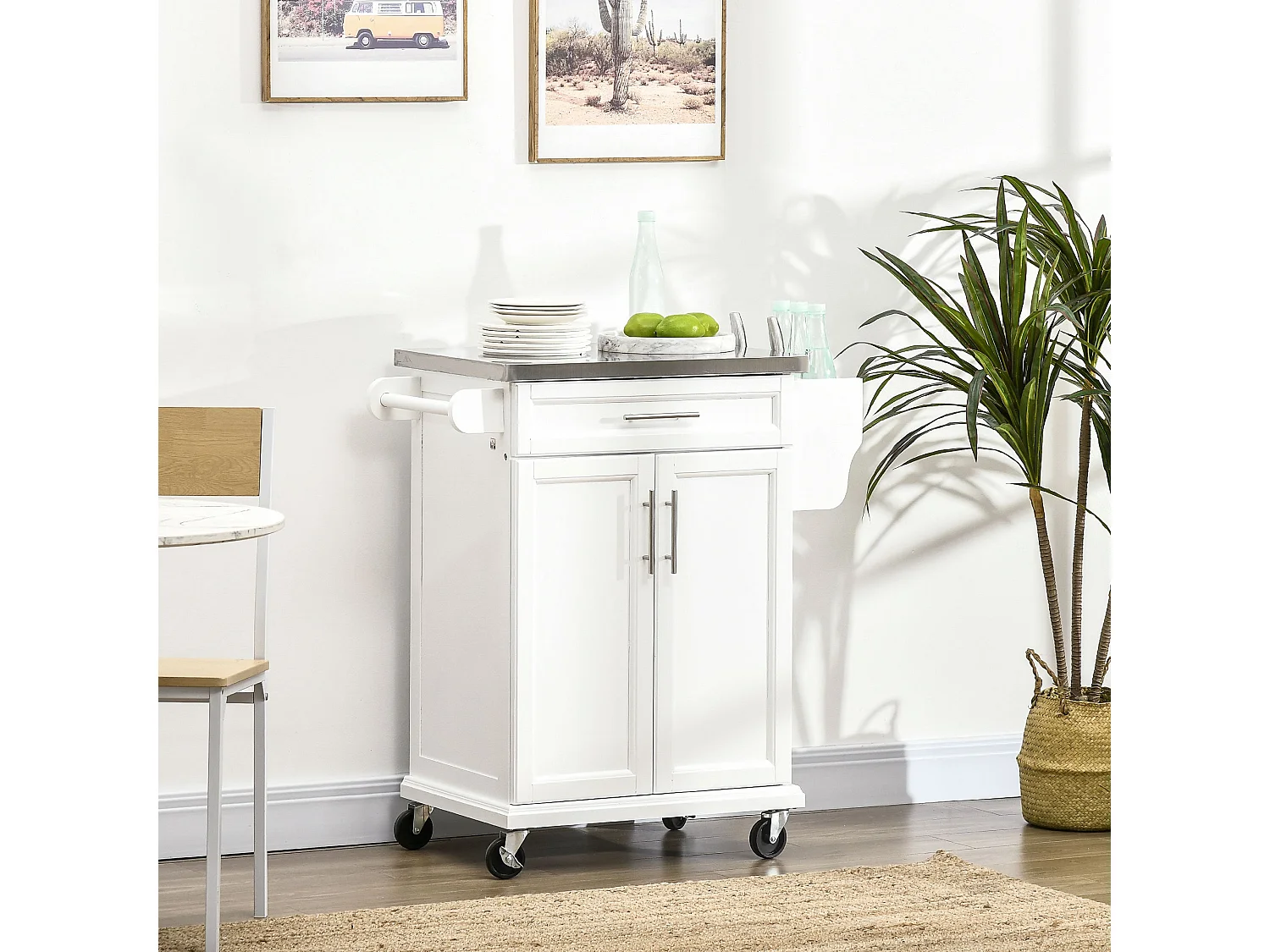 Nenapa White Kitchen Island on Wheels with Stainless Steel Top Drawer and Side Racks