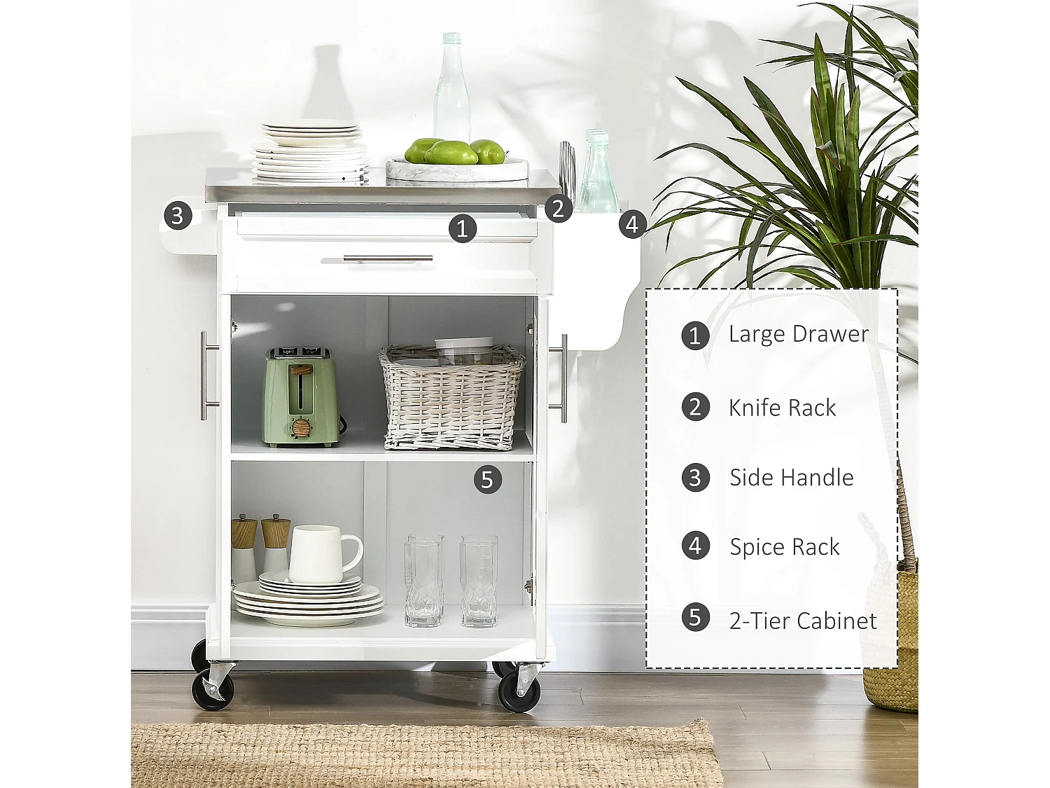 Nenapa White Kitchen Island on Wheels with Stainless Steel Top Drawer and Side Racks