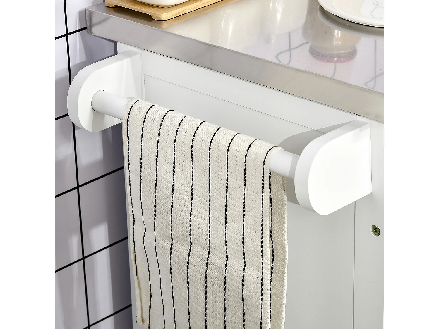 Nenapa White Kitchen Island on Wheels with Stainless Steel Top Drawer and Side Racks