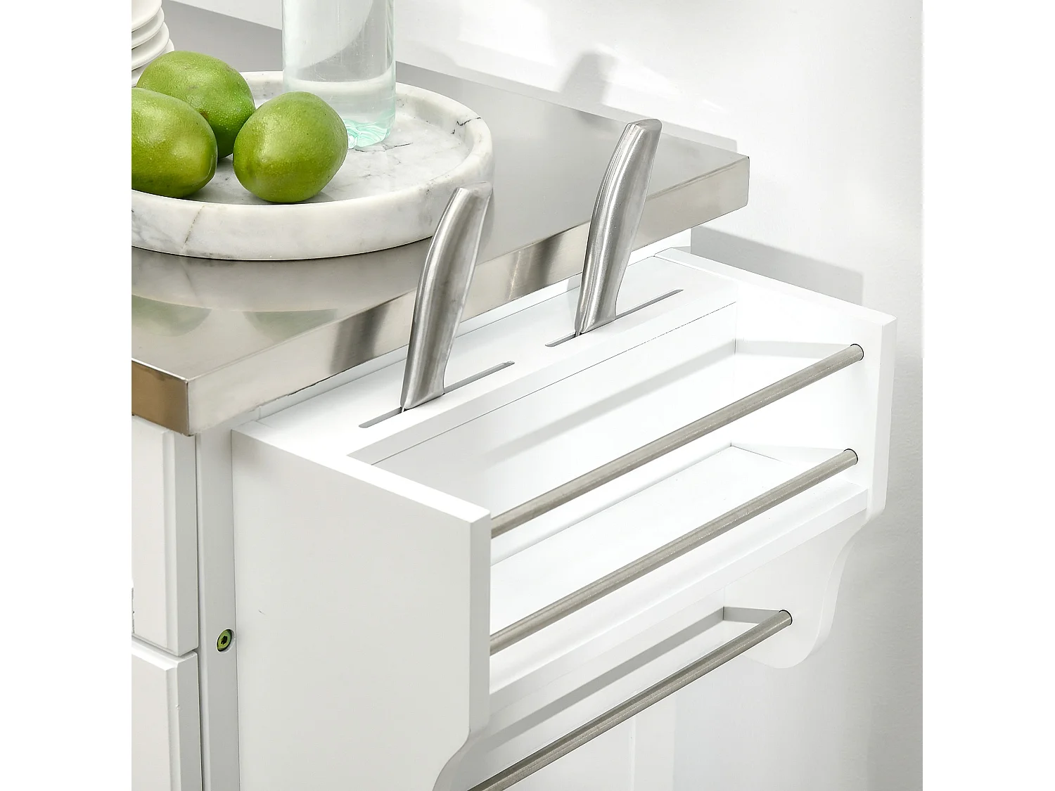 Nenapa White Kitchen Island on Wheels with Stainless Steel Top Drawer and Side Racks