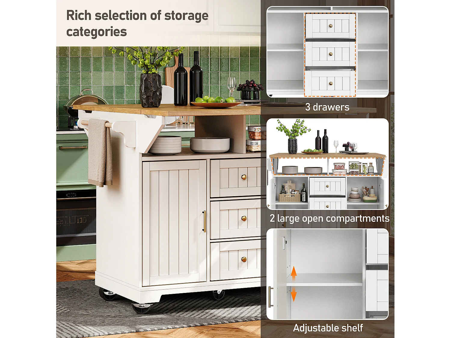 Mobile Kitchen Island - Extendable Top - 2 Doors and 3 Drawers - Open Shelves - with Towel Rail - MDF - White