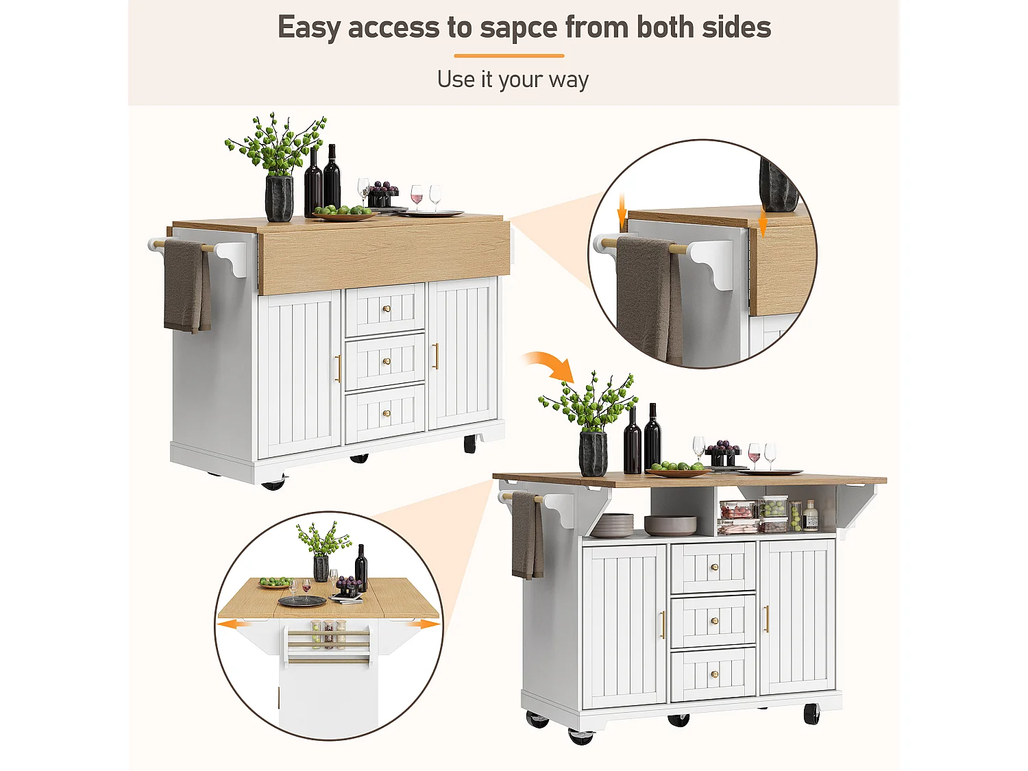 Mobile Kitchen Island - Extendable Top - 2 Doors and 3 Drawers - Open Shelves - with Towel Rail - MDF - White
