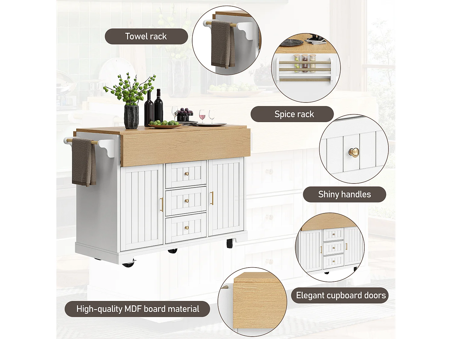 Mobile Kitchen Island - Extendable Top - 2 Doors and 3 Drawers - Open Shelves - with Towel Rail - MDF - White