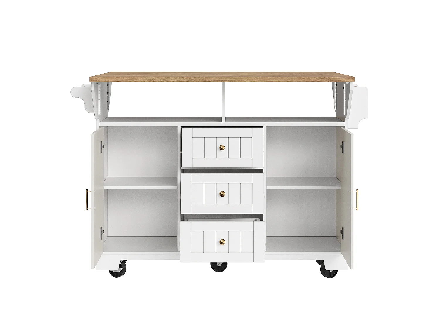 Mobile Kitchen Island - Extendable Top - 2 Doors and 3 Drawers - Open Shelves - with Towel Rail - MDF - White