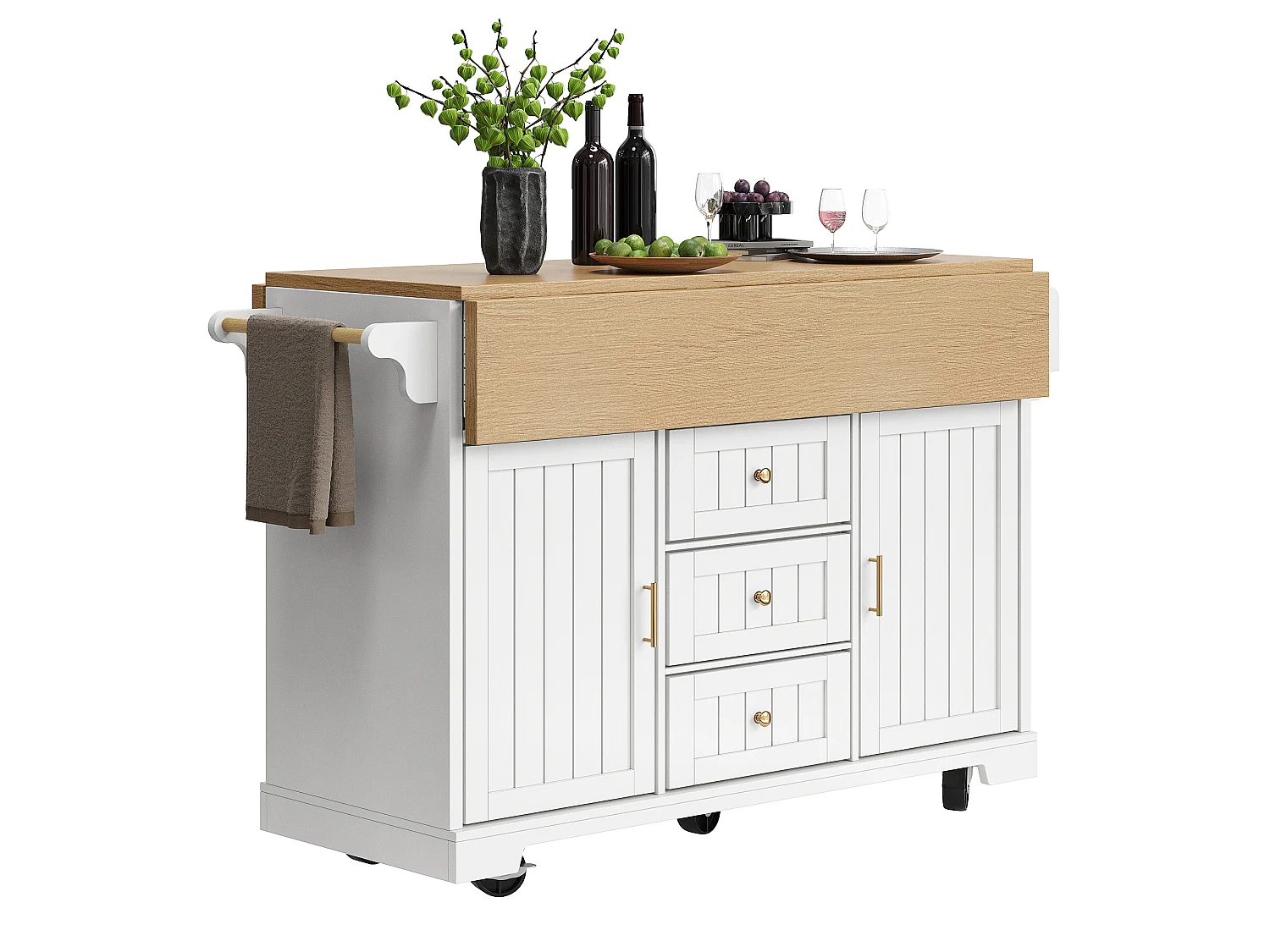 Mobile Kitchen Island - Extendable Top - 2 Doors and 3 Drawers - Open Shelves - with Towel Rail - MDF - White