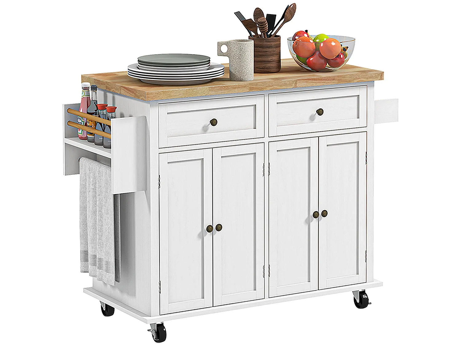 Viratto White Rolling Kitchen Island with Rubberwood Top 2 Drawers and 2 Cupboards