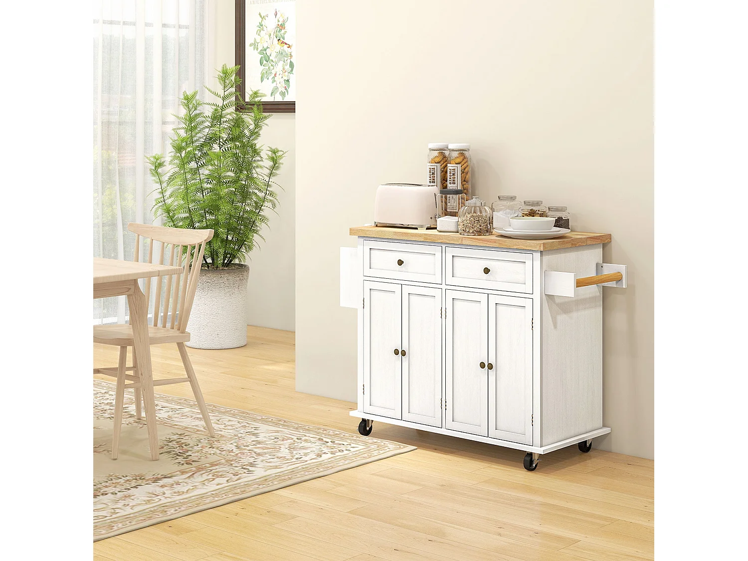 Viratto White Rolling Kitchen Island with Rubberwood Top 2 Drawers and 2 Cupboards