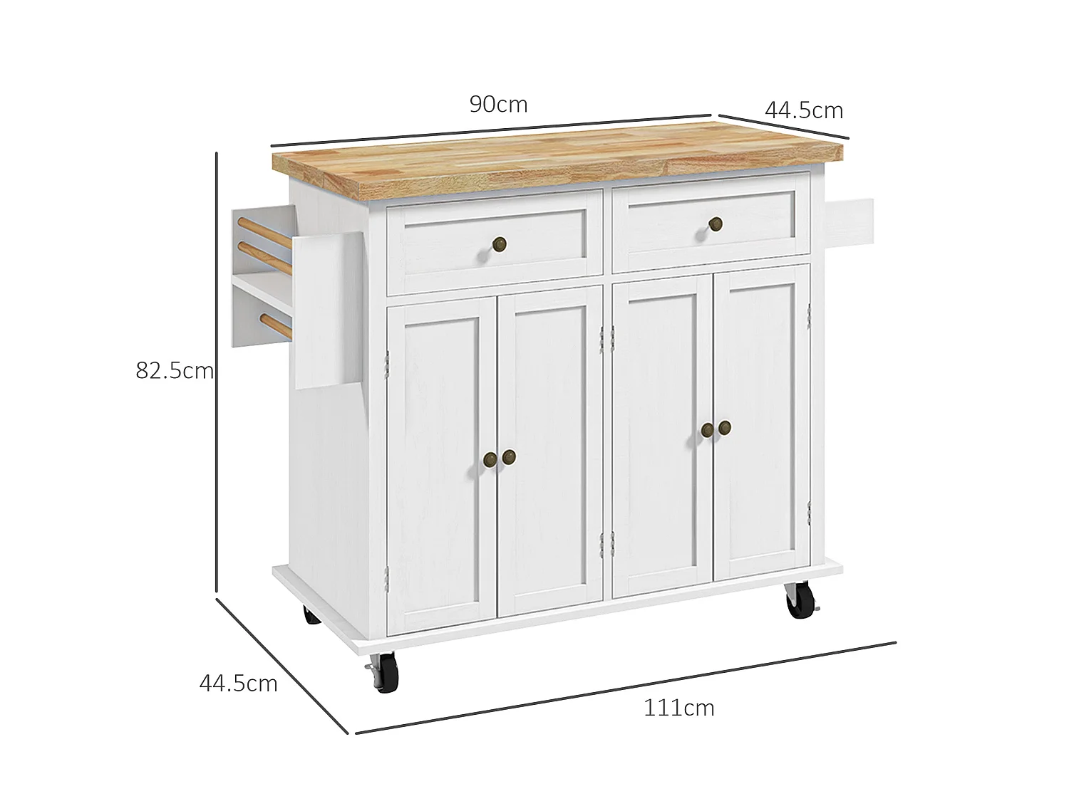 Viratto White Rolling Kitchen Island with Rubberwood Top 2 Drawers and 2 Cupboards