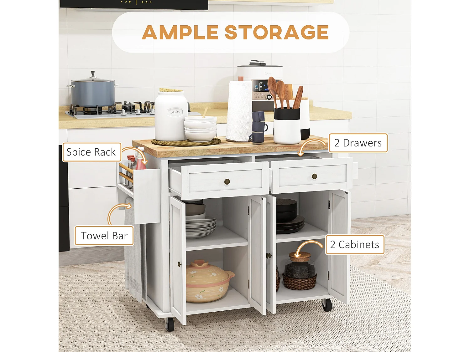 Viratto White Rolling Kitchen Island with Rubberwood Top 2 Drawers and 2 Cupboards
