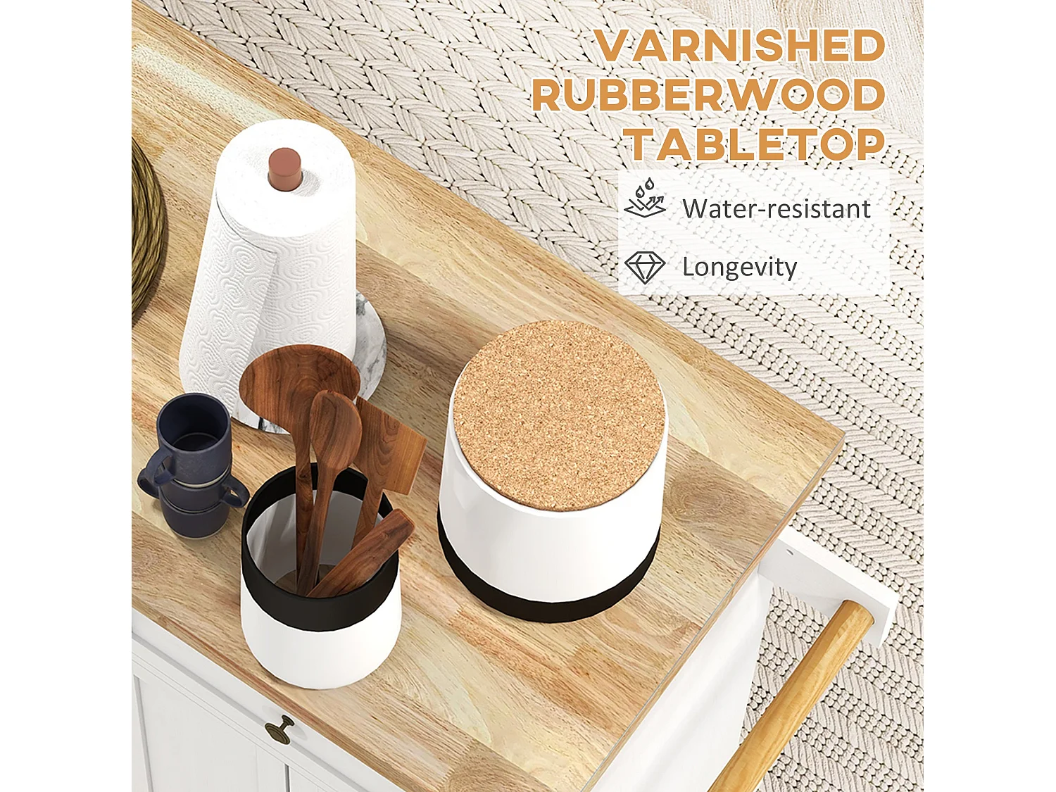 Viratto White Rolling Kitchen Island with Rubberwood Top 2 Drawers and 2 Cupboards