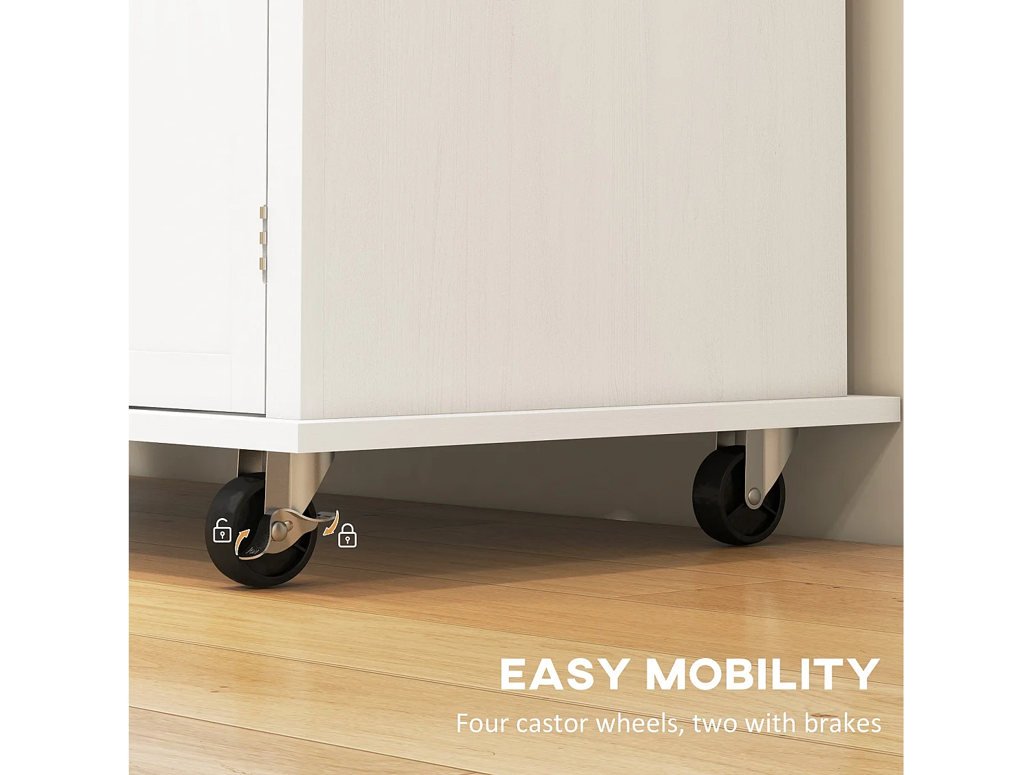 Viratto White Rolling Kitchen Island with Rubberwood Top 2 Drawers and 2 Cupboards