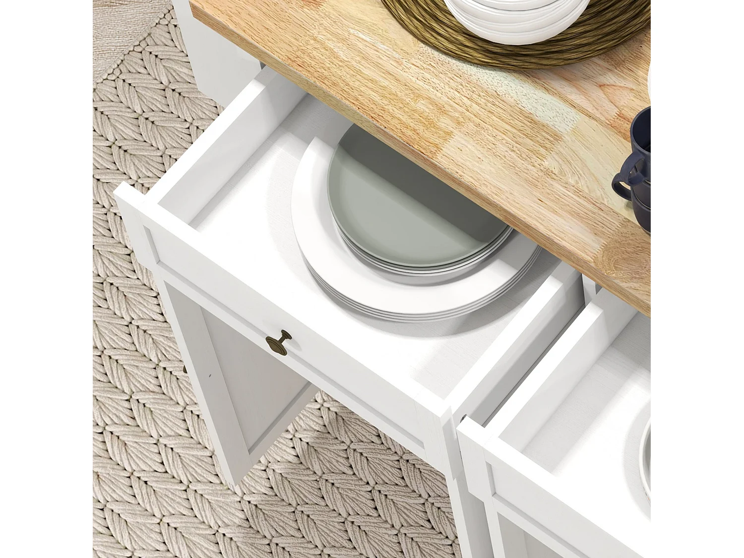 Viratto White Rolling Kitchen Island with Rubberwood Top 2 Drawers and 2 Cupboards