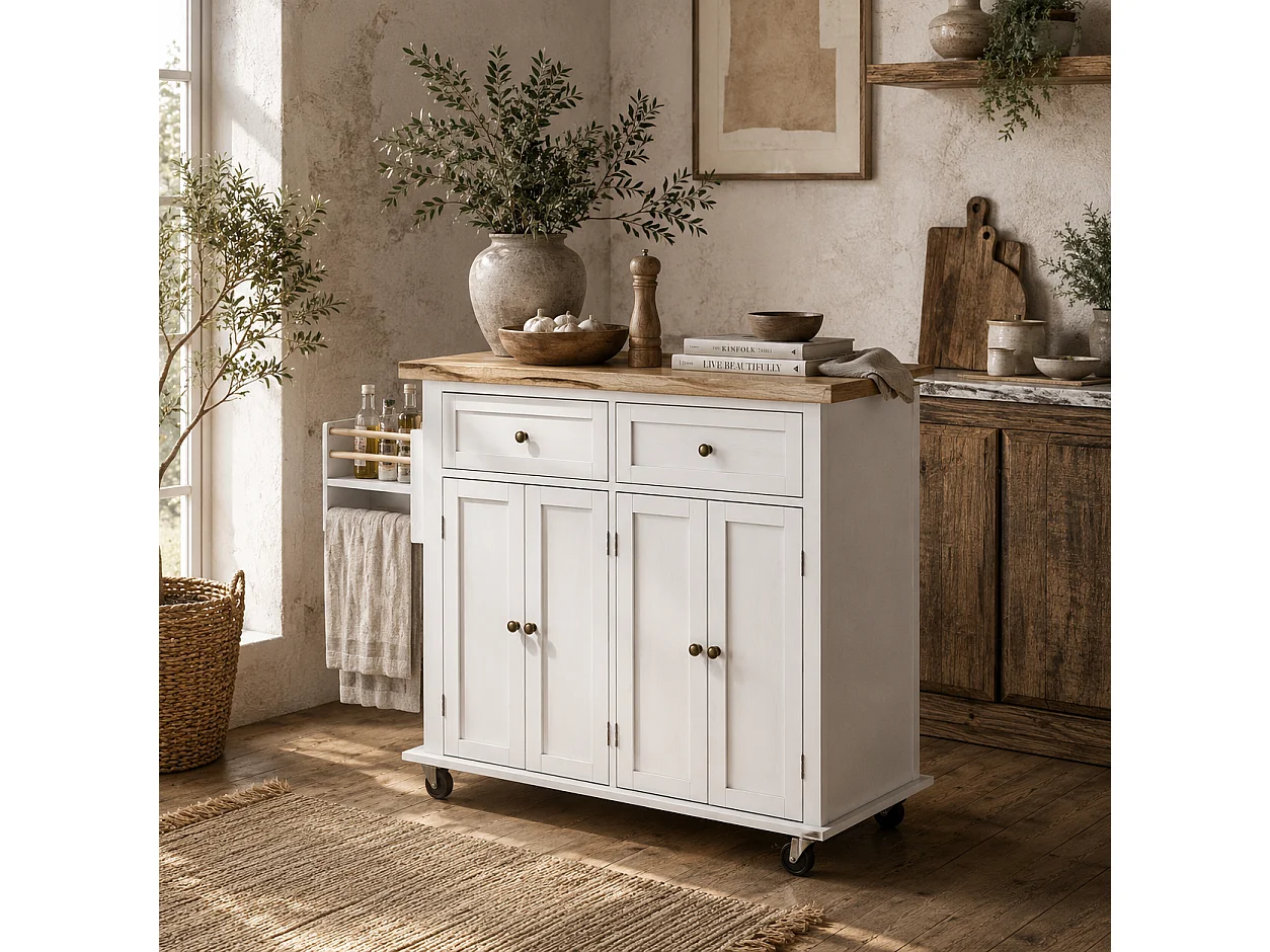 Viratto White Rolling Kitchen Island with Rubberwood Top 2 Drawers and 2 Cupboards