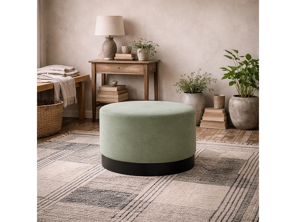 Kalua Large Round Velvet Stool Sage Green Matt Black Base