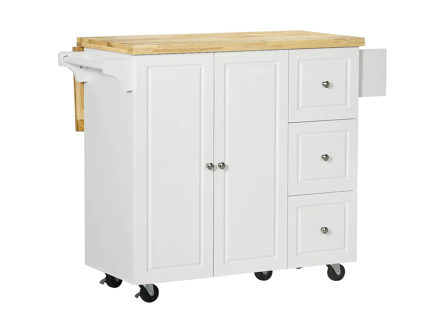 Tanalo White Rolling Kitchen Island with Drop Leaf Drawers Towel and Spice Racks