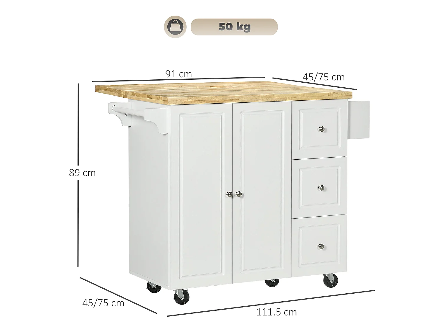 Tanalo White Rolling Kitchen Island with Drop Leaf Drawers Towel and Spice Racks