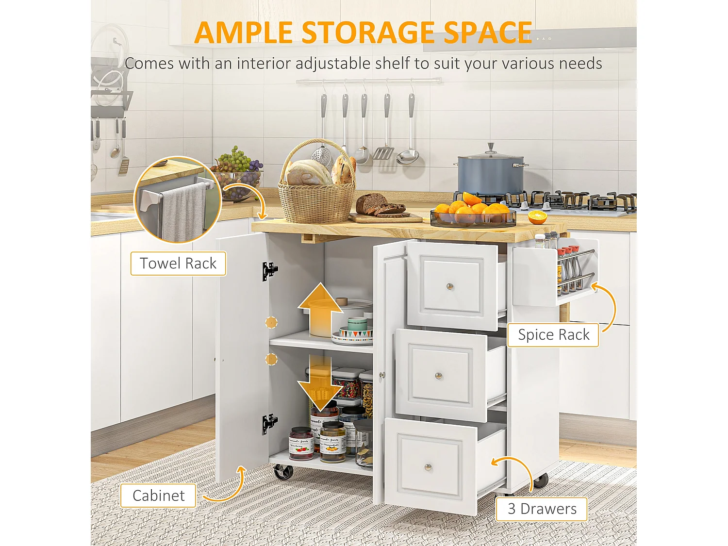 Tanalo White Rolling Kitchen Island with Drop Leaf Drawers Towel and Spice Racks