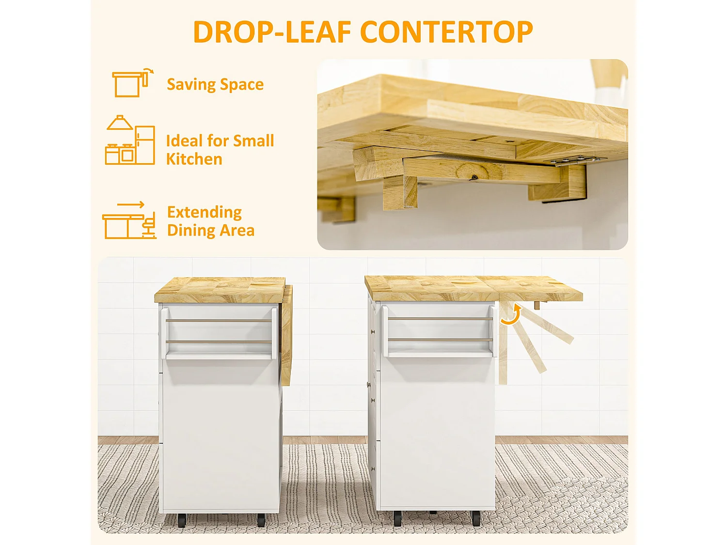Tanalo White Rolling Kitchen Island with Drop Leaf Drawers Towel and Spice Racks
