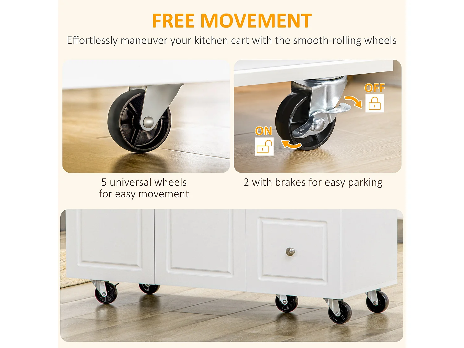 Tanalo White Rolling Kitchen Island with Drop Leaf Drawers Towel and Spice Racks