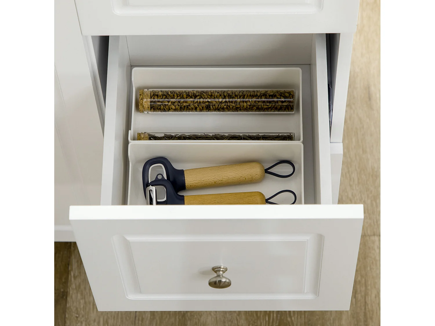 Tanalo White Rolling Kitchen Island with Drop Leaf Drawers Towel and Spice Racks