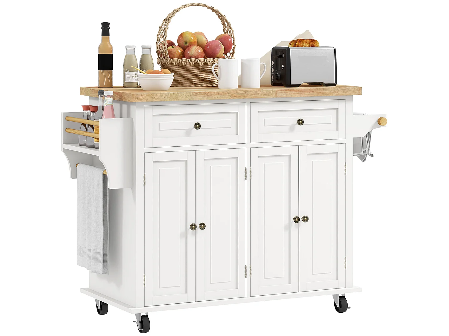 Vivali Cream White Rolling Kitchen Island with Varnished Rubberwood Top Drawers and Storage