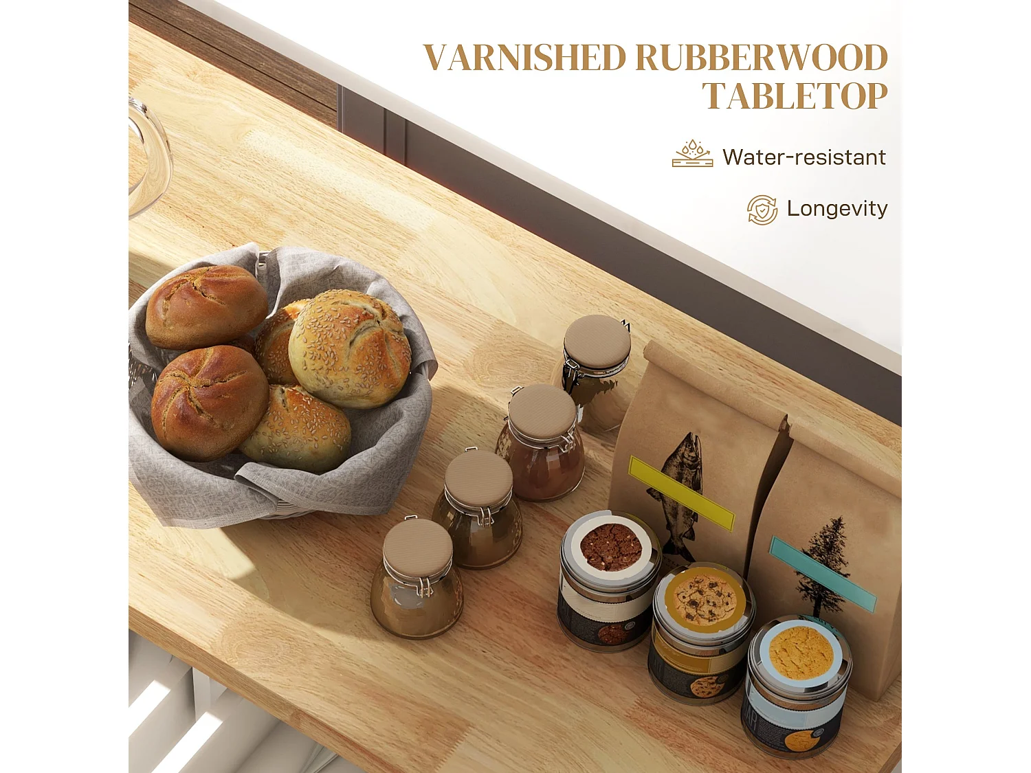 Vivali Cream White Rolling Kitchen Island with Varnished Rubberwood Top Drawers and Storage