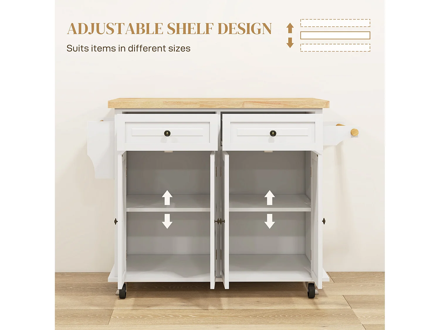 Vivali Cream White Rolling Kitchen Island with Varnished Rubberwood Top Drawers and Storage