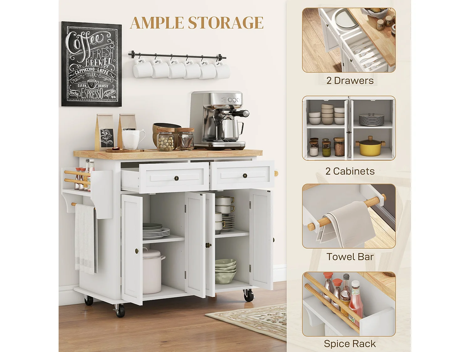Vivali Cream White Rolling Kitchen Island with Varnished Rubberwood Top Drawers and Storage