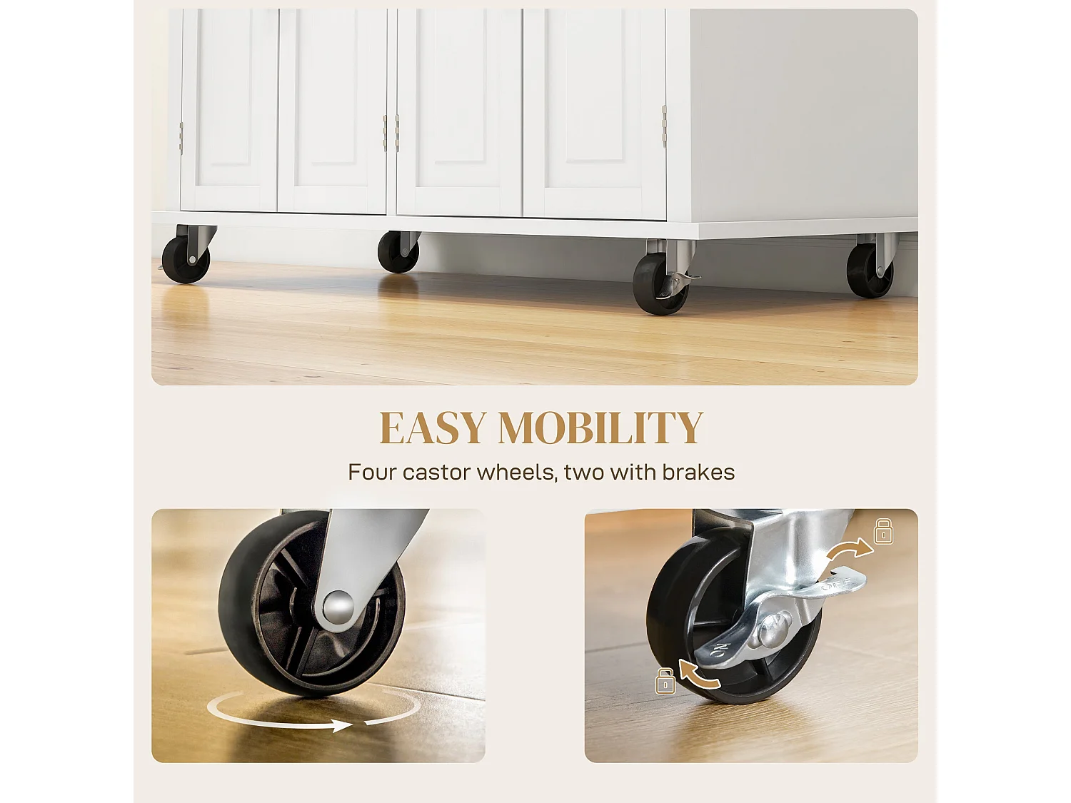 Vivali Cream White Rolling Kitchen Island with Varnished Rubberwood Top Drawers and Storage