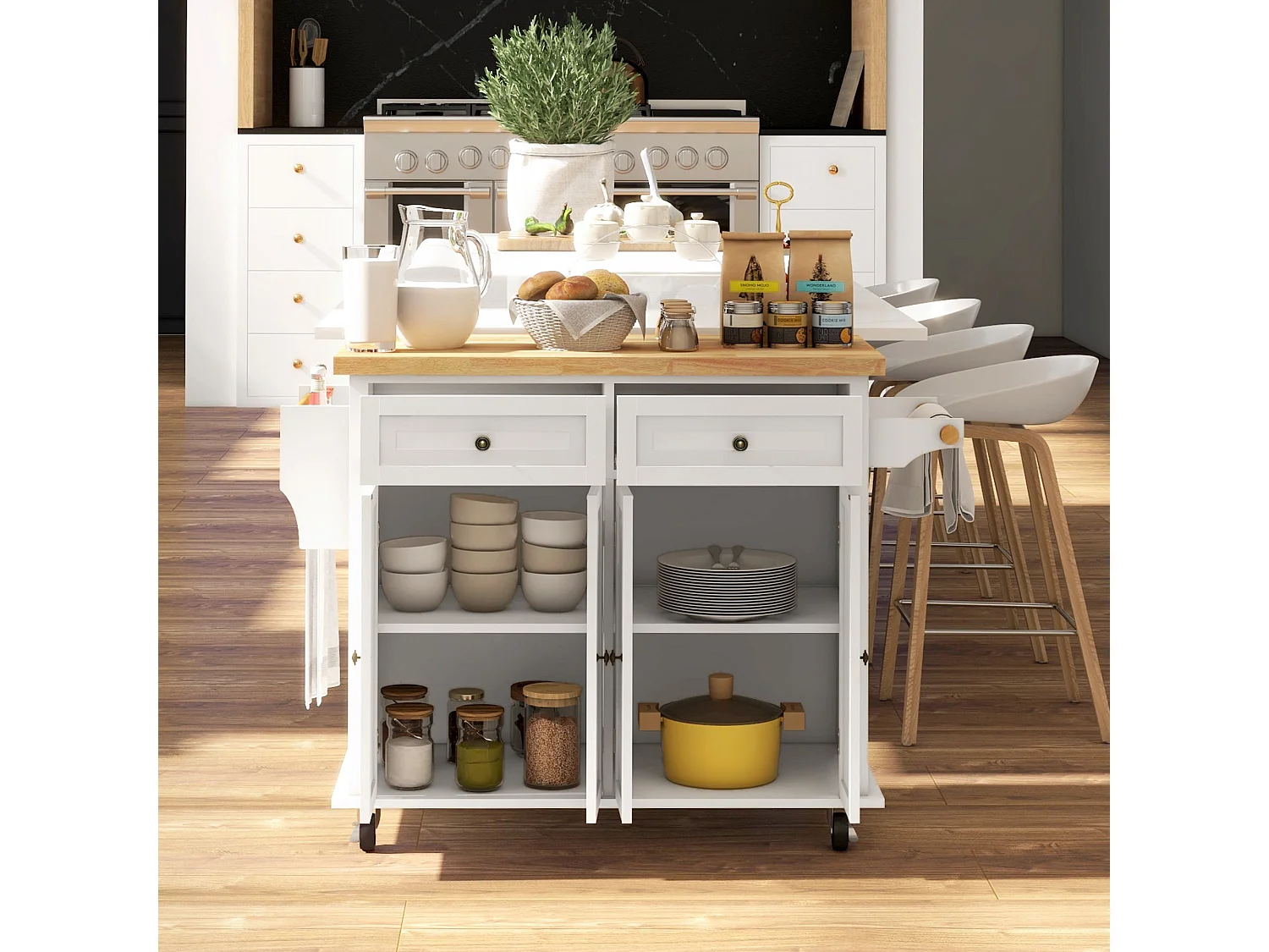 Vivali Cream White Rolling Kitchen Island with Varnished Rubberwood Top Drawers and Storage