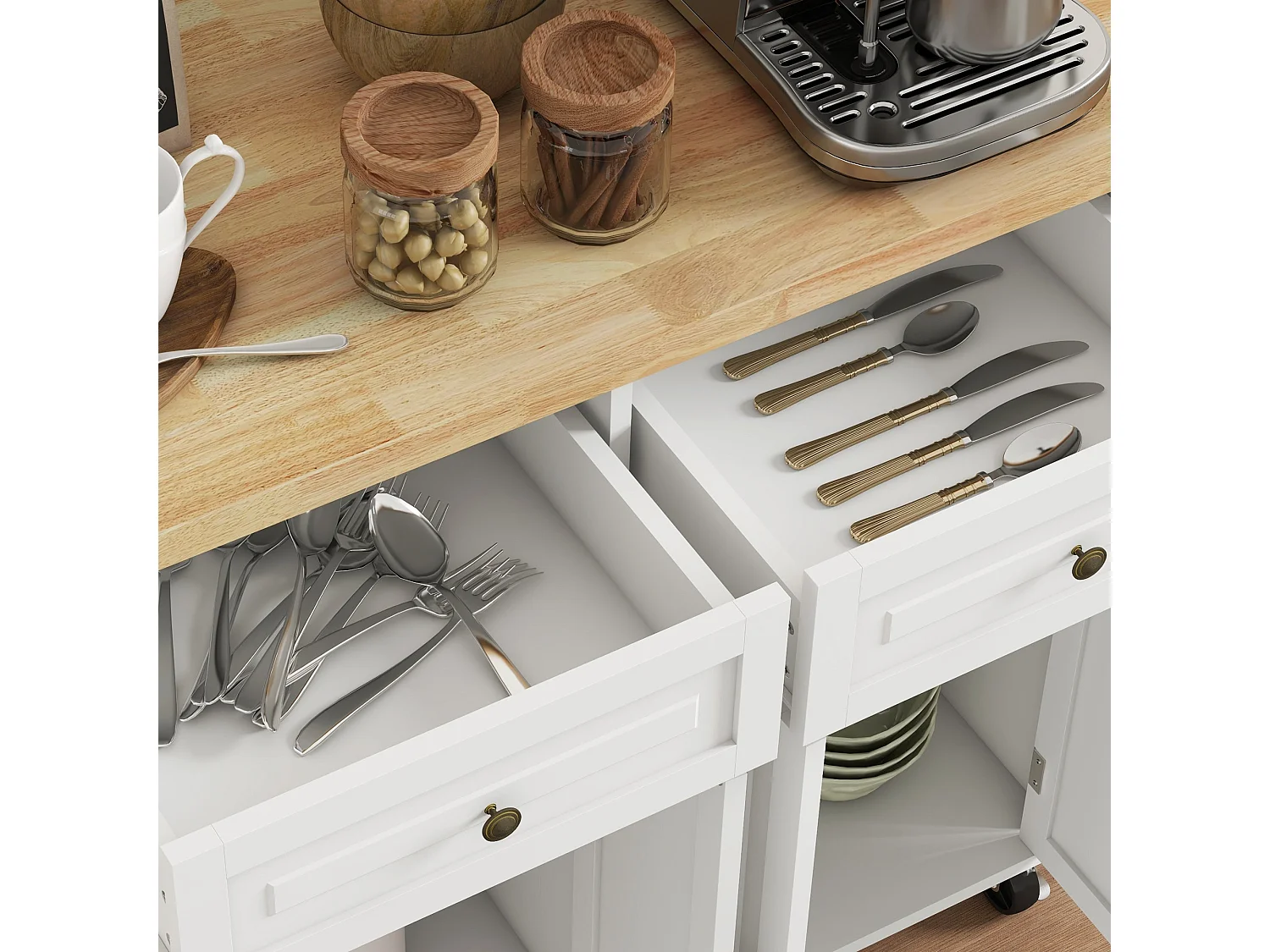 Vivali Cream White Rolling Kitchen Island with Varnished Rubberwood Top Drawers and Storage