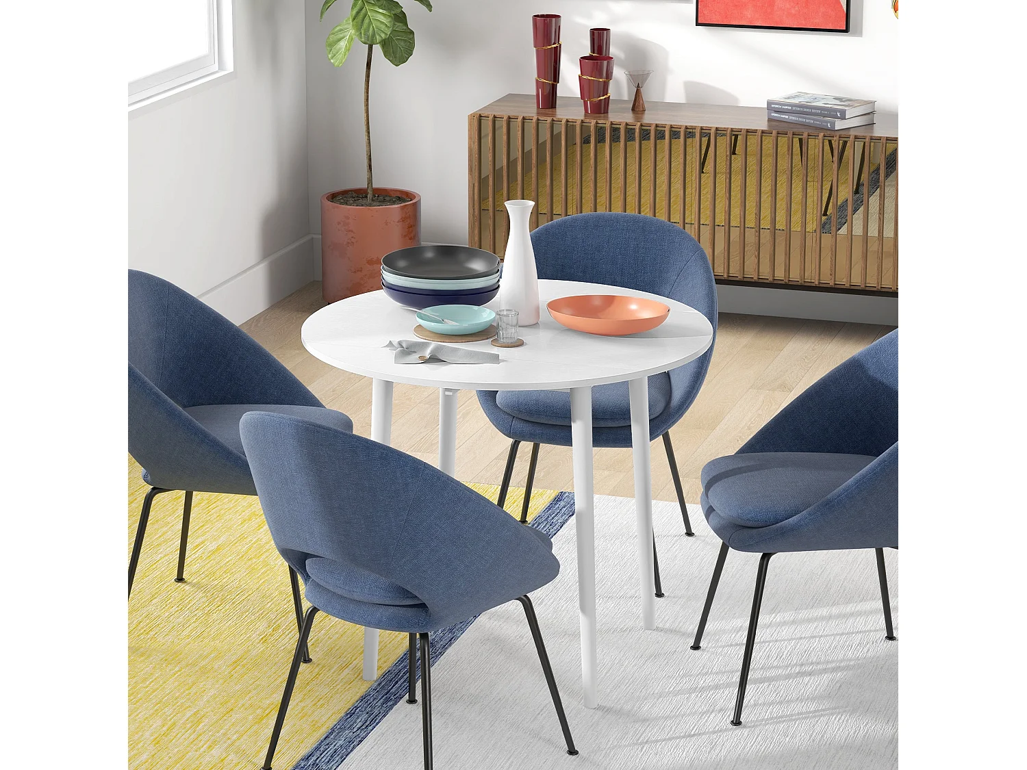 Zinise White Round Folding Dining Table Solid Wood Legs Seats 4