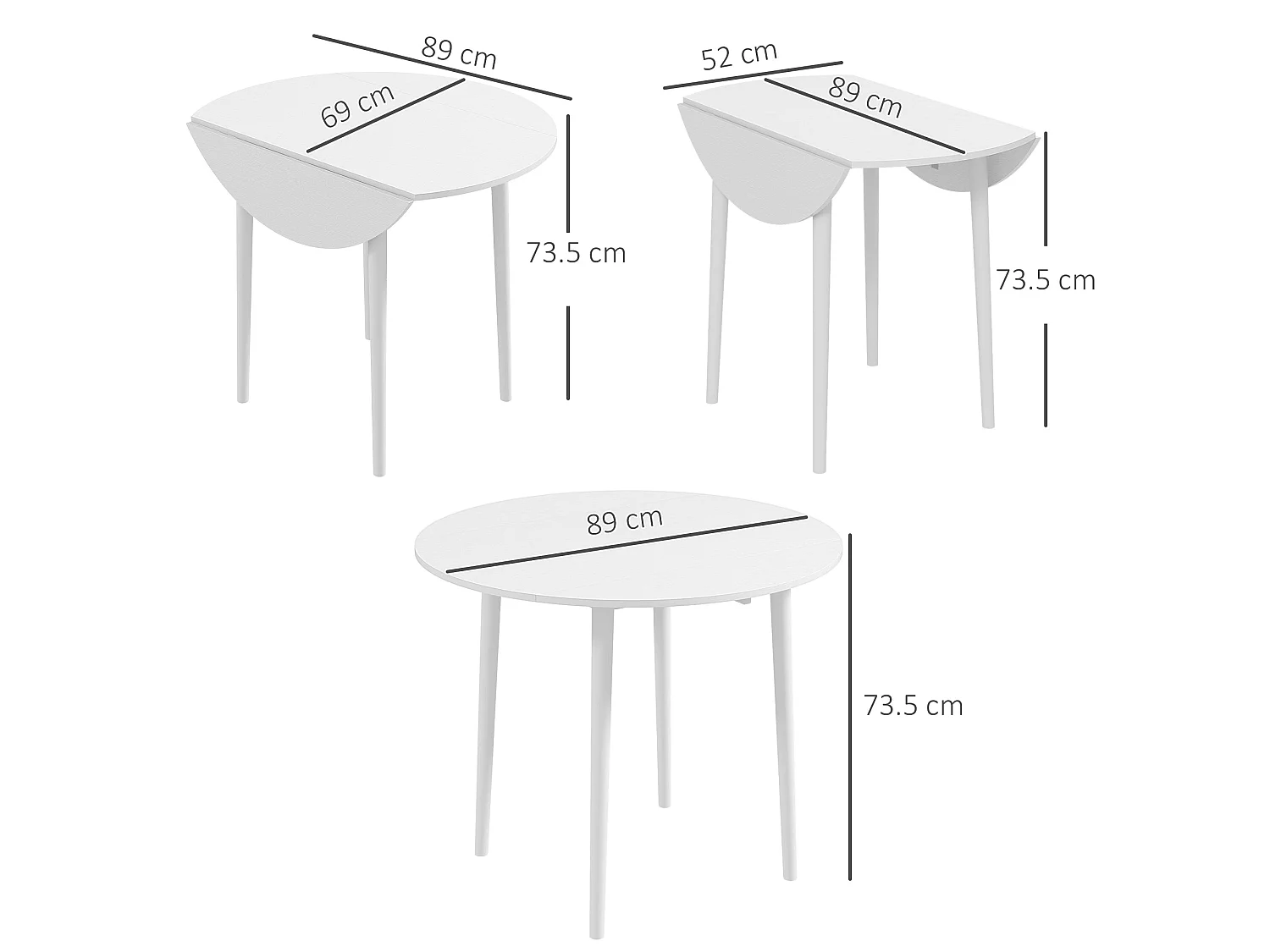 Zinise White Round Folding Dining Table Solid Wood Legs Seats 4