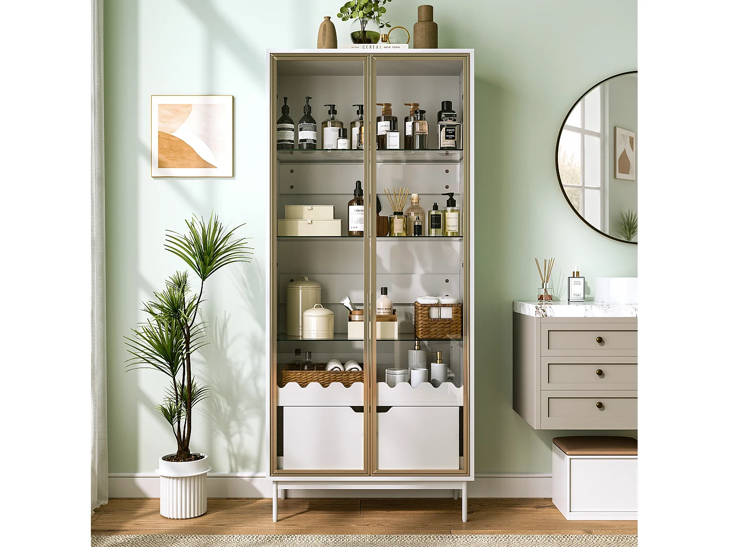 Vitrine/Meuble de salle de bains 75x35x170.5 cm - avec 2 portes vitrées et 1 tiroir - étagère en verre réglable en hauteur - Blanc
