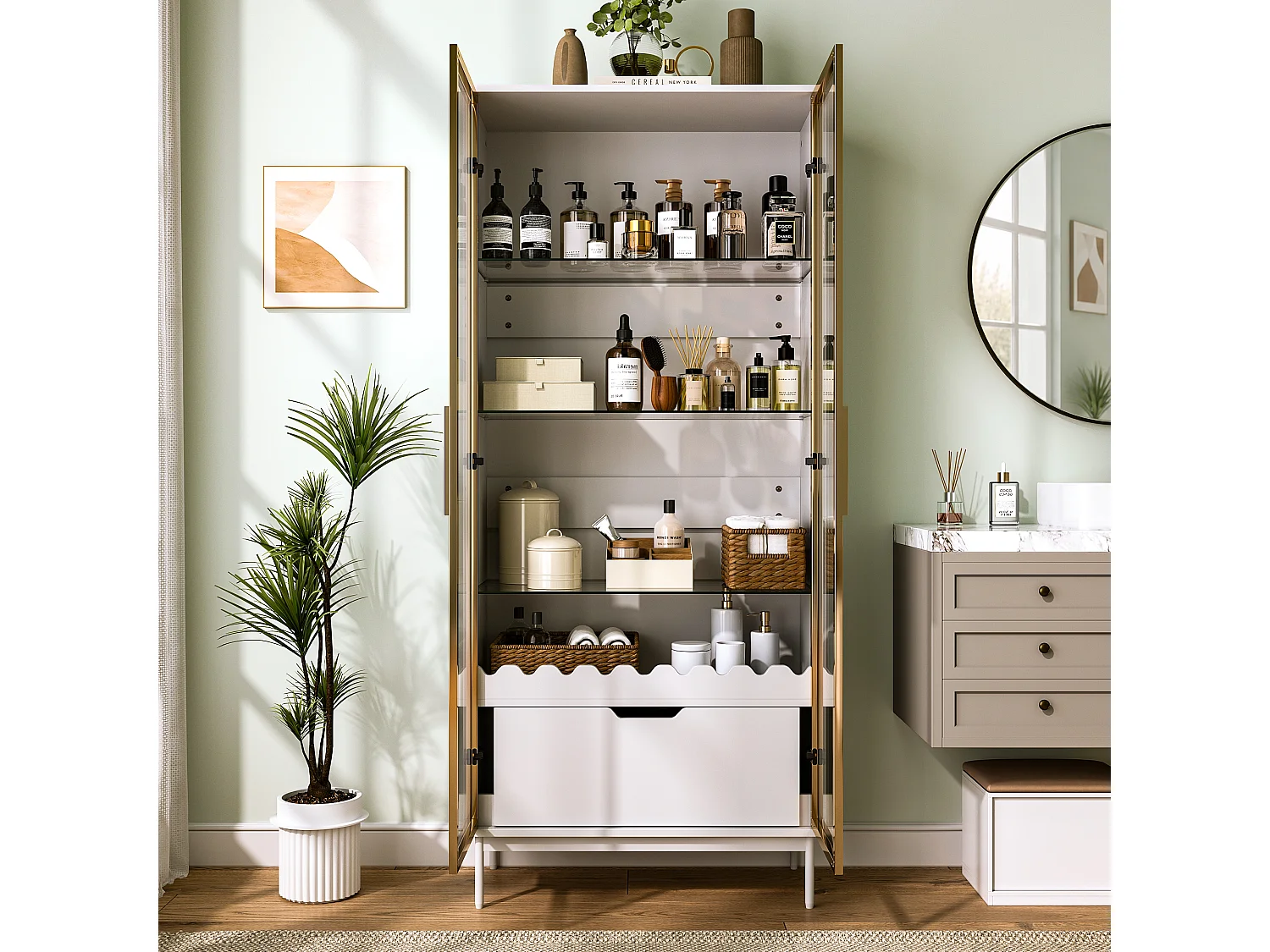Vitrine/Meuble de salle de bains 75x35x170.5 cm - avec 2 portes vitrées et 1 tiroir - étagère en verre réglable en hauteur - Blanc