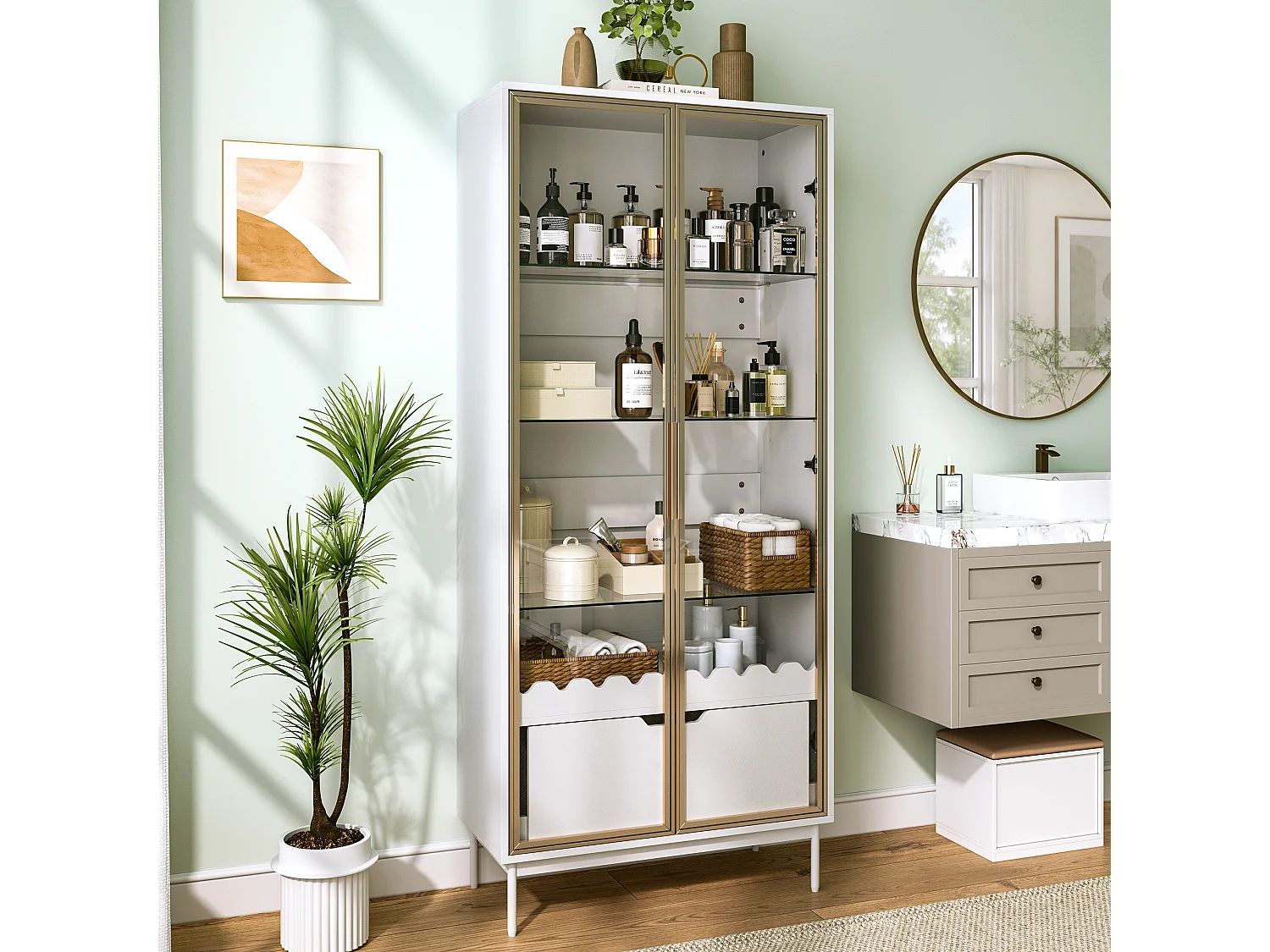 Vitrine/Meuble de salle de bains 75x35x170.5 cm - avec 2 portes vitrées et 1 tiroir - étagère en verre réglable en hauteur - Blanc