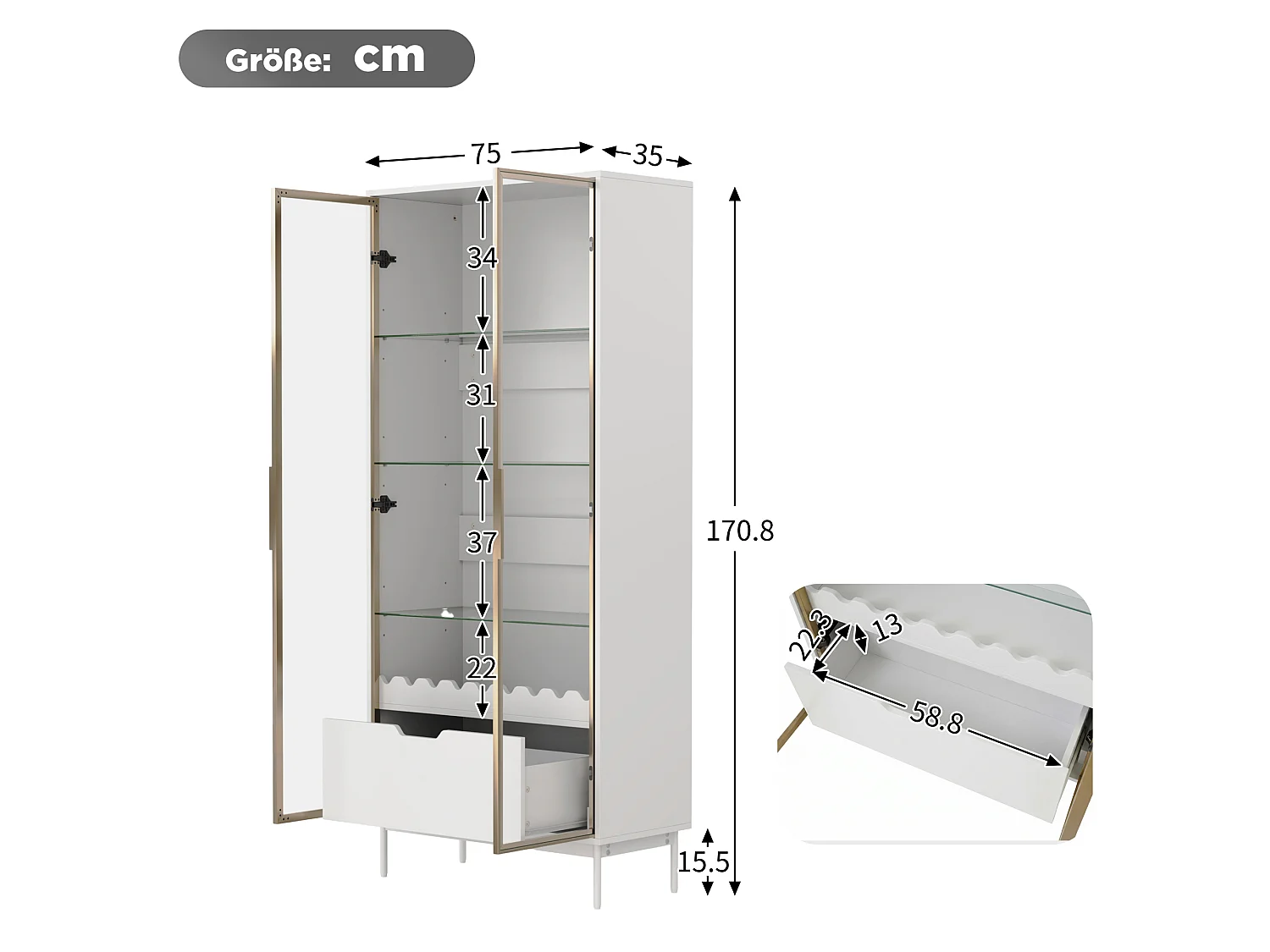 Vitrine/Meuble de salle de bains 75x35x170.5 cm - avec 2 portes vitrées et 1 tiroir - étagère en verre réglable en hauteur - Blanc