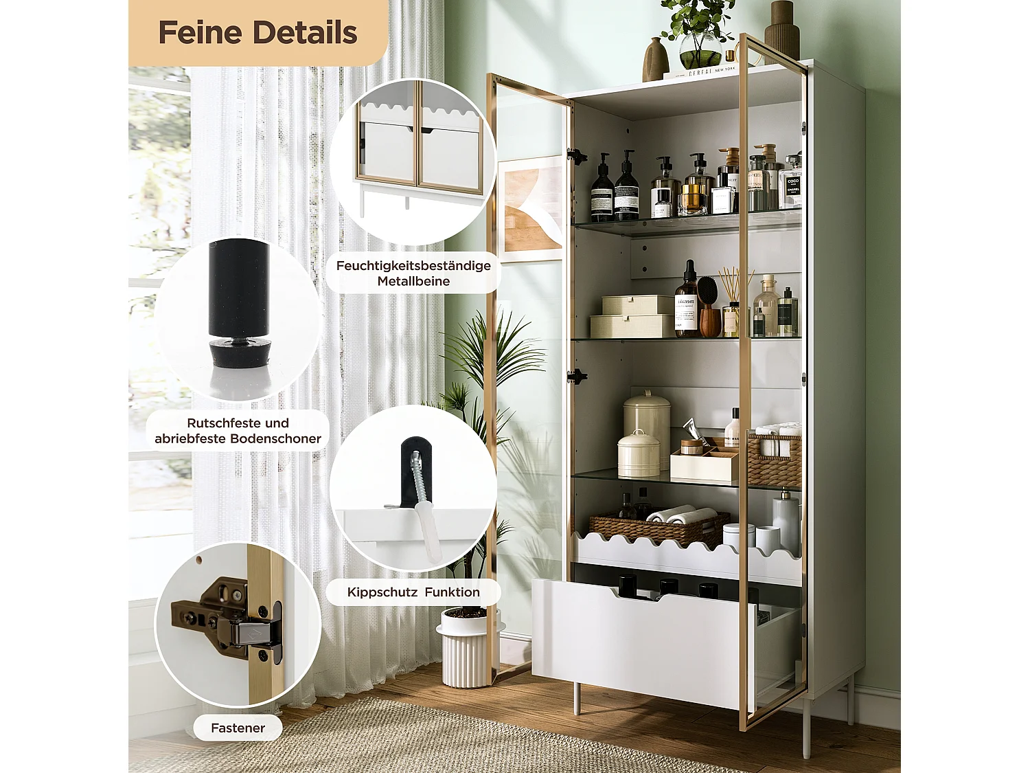 Vitrine/Meuble de salle de bains 75x35x170.5 cm - avec 2 portes vitrées et 1 tiroir - étagère en verre réglable en hauteur - Blanc