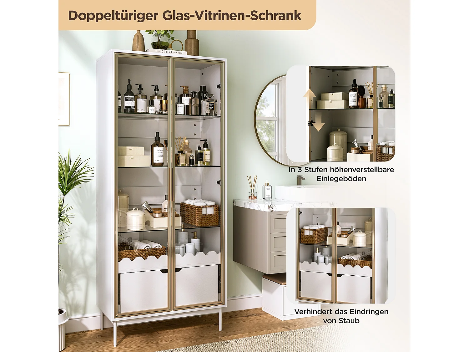 Vitrine/Meuble de salle de bains 75x35x170.5 cm - avec 2 portes vitrées et 1 tiroir - étagère en verre réglable en hauteur - Blanc
