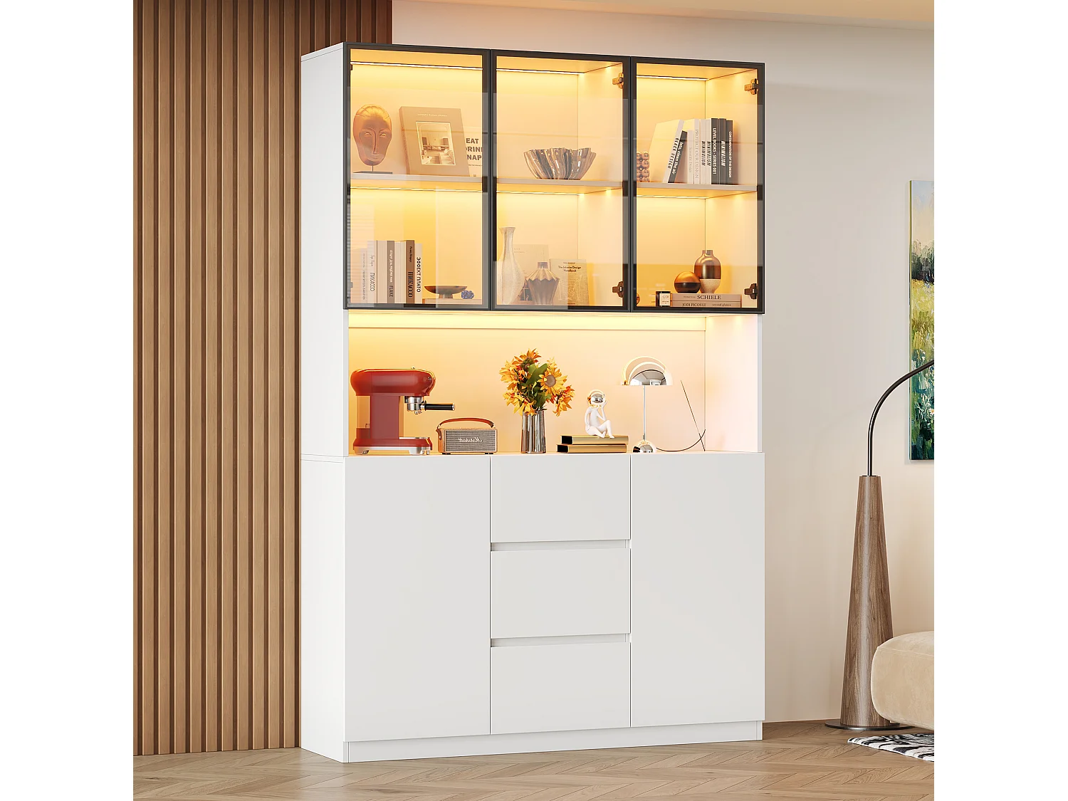 Vitrine en verre avec éclairage LED - 120×40×200 cm - Étagères ouvertes, 3 tiroirs et 5 portes - MDF - Blanc