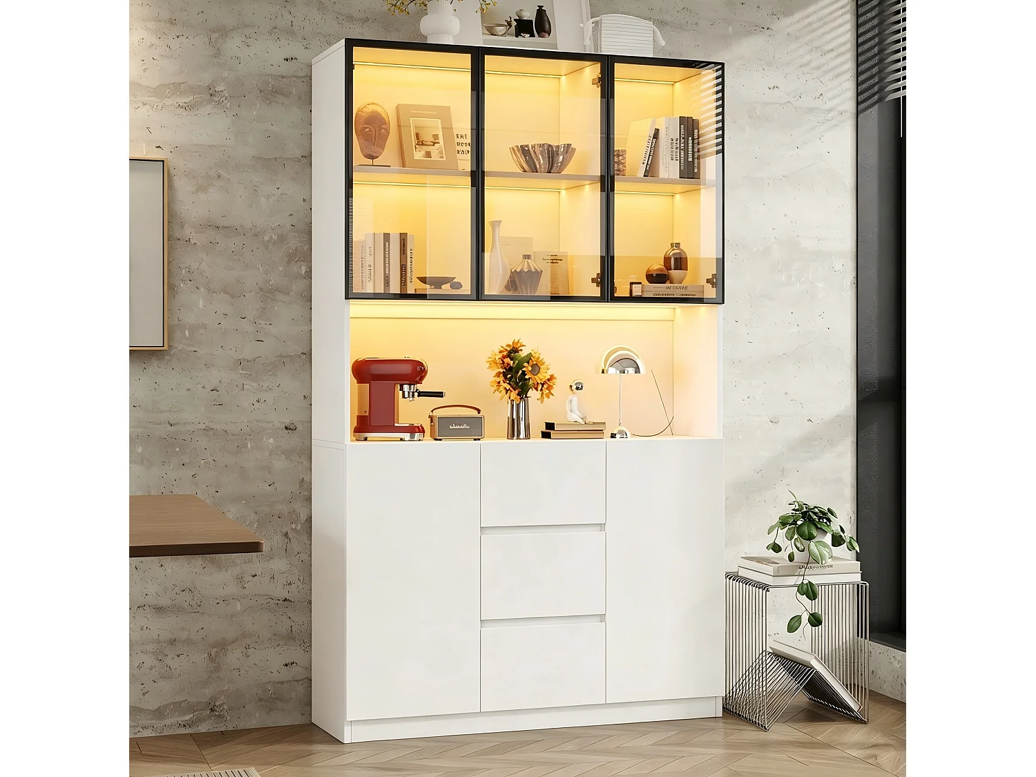 Vitrine en verre avec éclairage LED - 120×40×200 cm - Étagères ouvertes, 3 tiroirs et 5 portes - MDF - Blanc