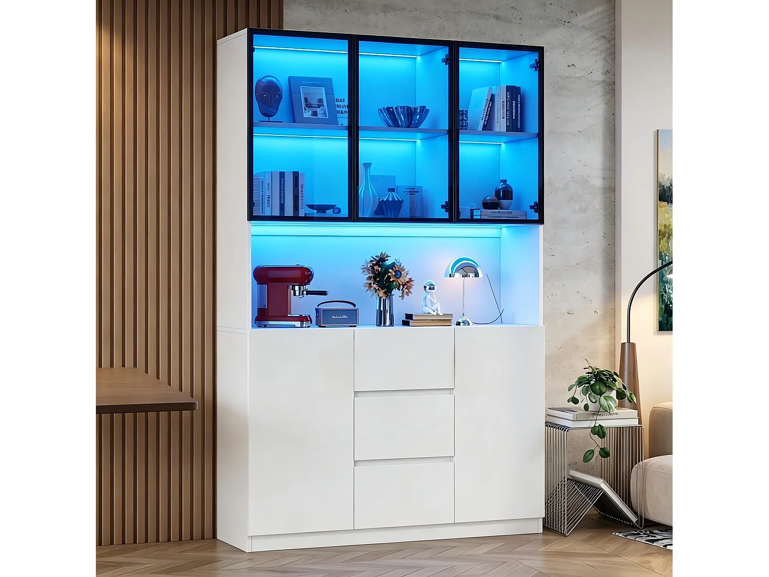 Vitrine en verre avec éclairage LED - 120×40×200 cm - Étagères ouvertes, 3 tiroirs et 5 portes - MDF - Blanc
