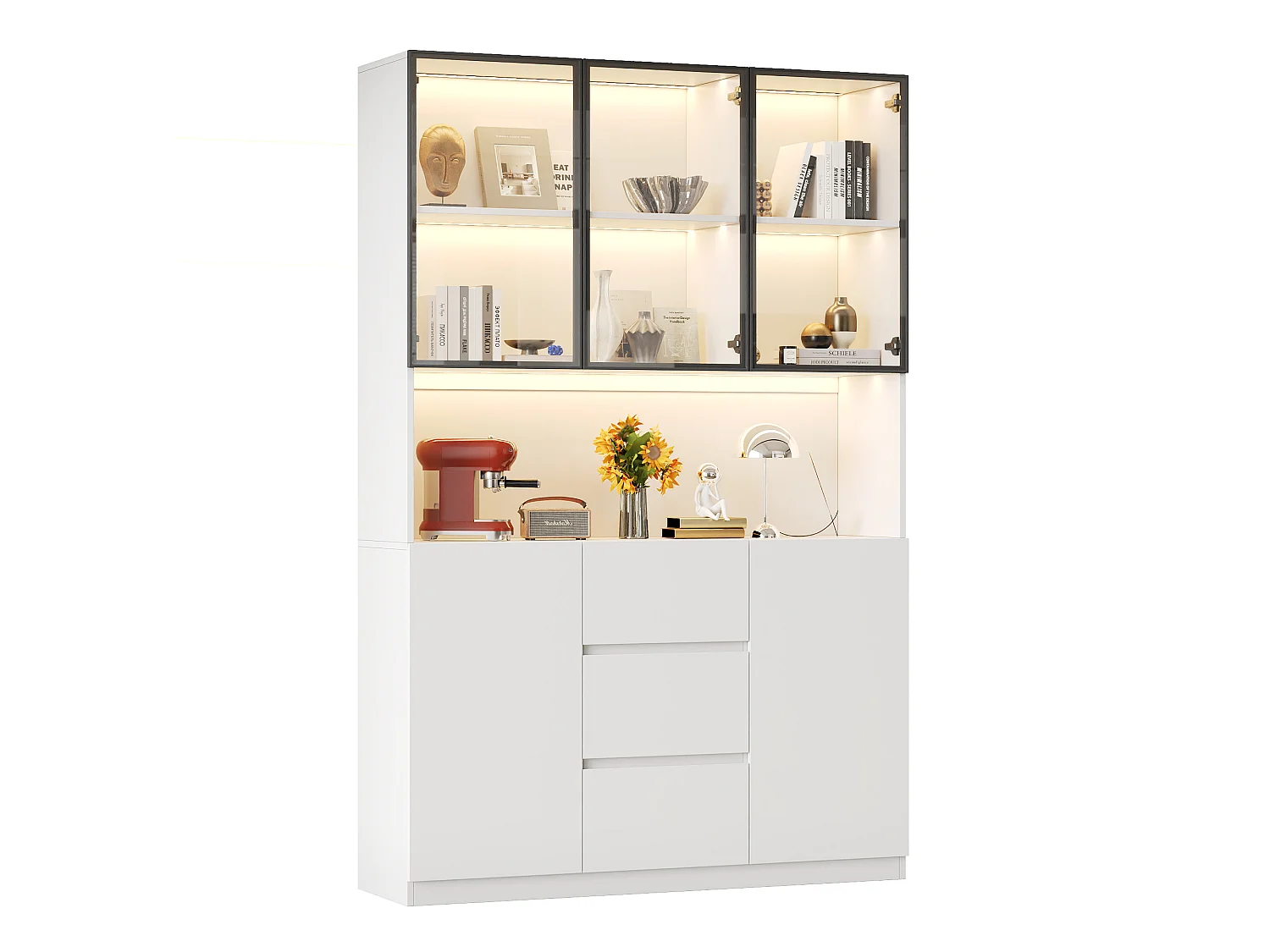 Vitrine en verre avec éclairage LED - 120×40×200 cm - Étagères ouvertes, 3 tiroirs et 5 portes - MDF - Blanc