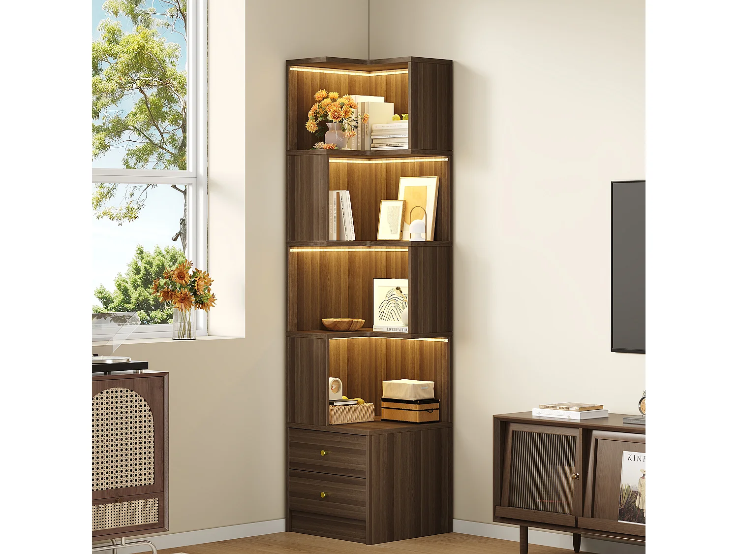 L-förmiges Eckregal 45 x 43,5 x 180 cm - mit LED-Beleuchtung - 2 Schubladen und 4 Ablageebenen - MDF - braun