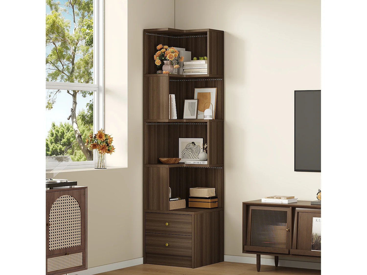 L-förmiges Eckregal 45 x 43,5 x 180 cm - mit LED-Beleuchtung - 2 Schubladen und 4 Ablageebenen - MDF - braun