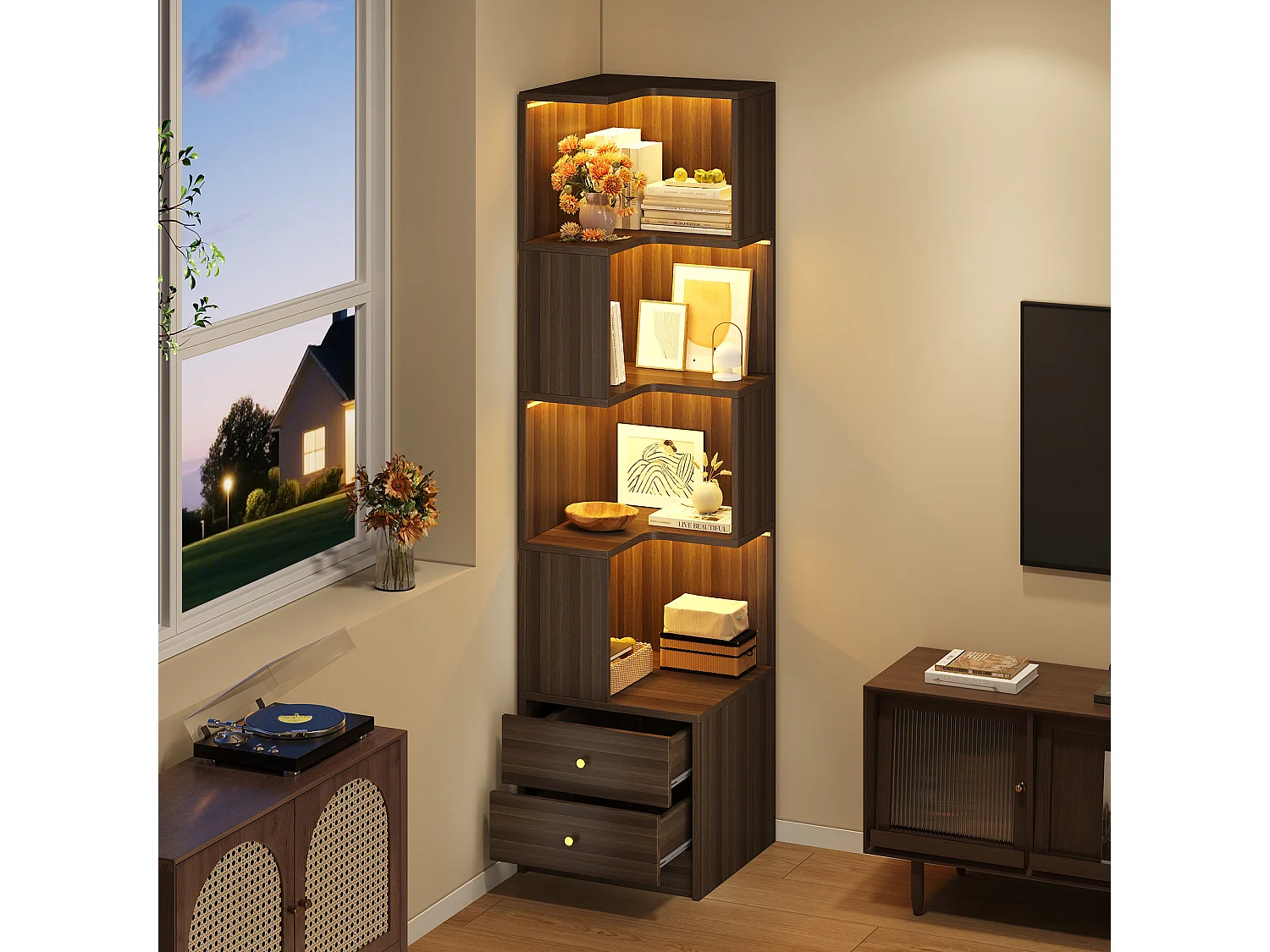 L-förmiges Eckregal 45 x 43,5 x 180 cm - mit LED-Beleuchtung - 2 Schubladen und 4 Ablageebenen - MDF - braun