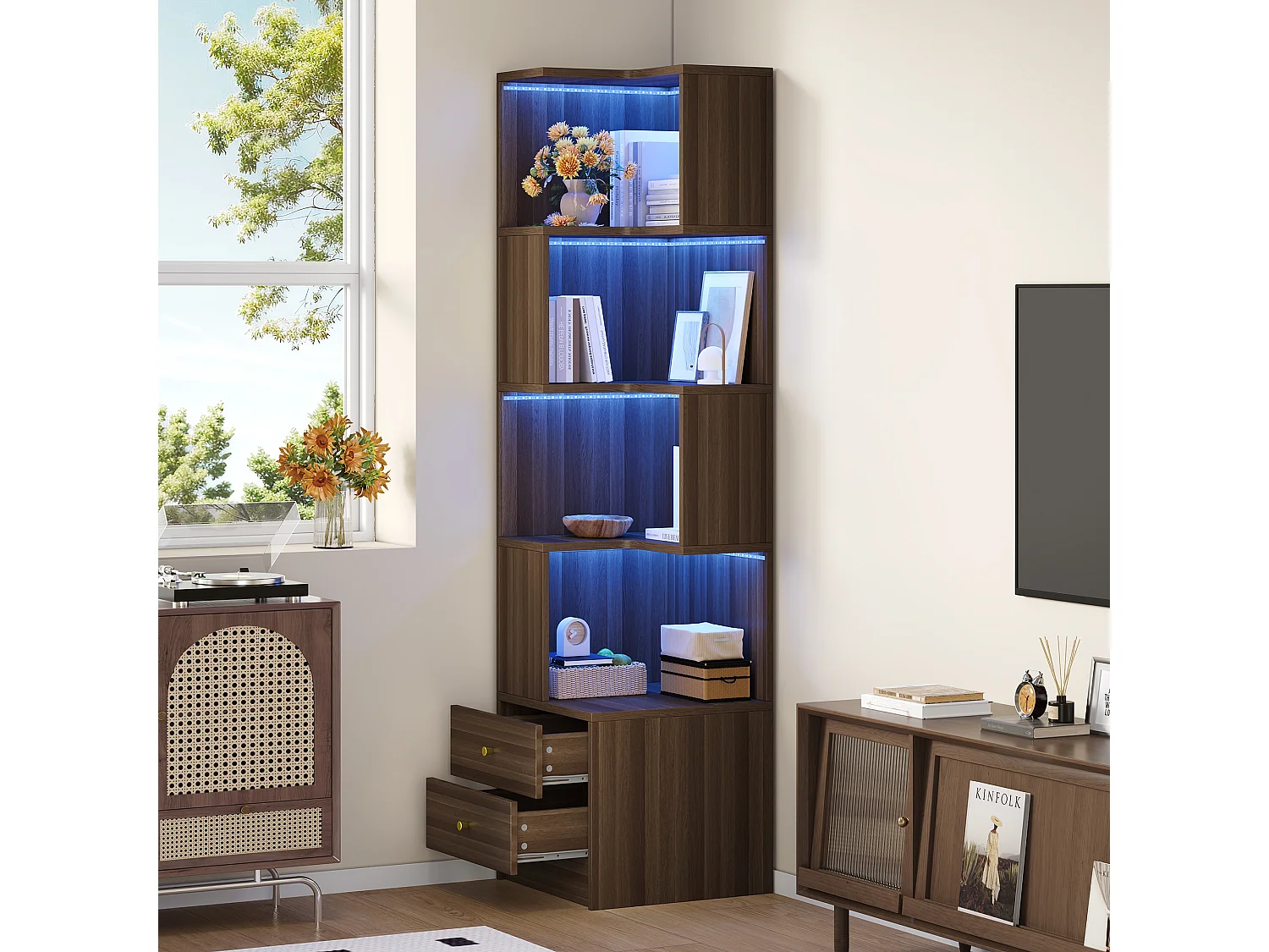 L-förmiges Eckregal 45 x 43,5 x 180 cm - mit LED-Beleuchtung - 2 Schubladen und 4 Ablageebenen - MDF - braun