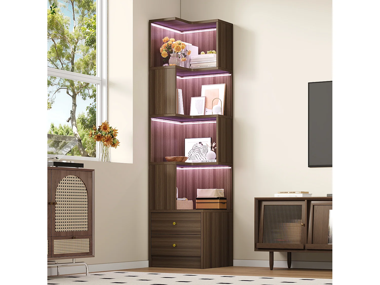 L-förmiges Eckregal 45 x 43,5 x 180 cm - mit LED-Beleuchtung - 2 Schubladen und 4 Ablageebenen - MDF - braun
