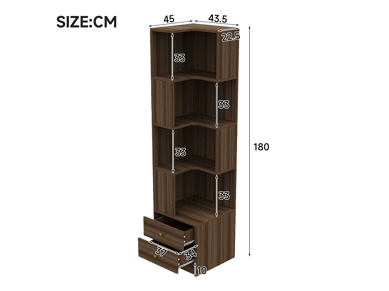 L-förmiges Eckregal 45 x 43,5 x 180 cm - mit LED-Beleuchtung - 2 Schubladen und 4 Ablageebenen - MDF - braun