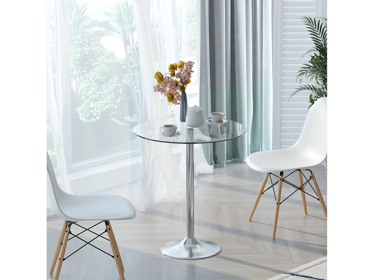 Diliha Round Tempered Glass Dining Table 70cm Chrome Steel Base